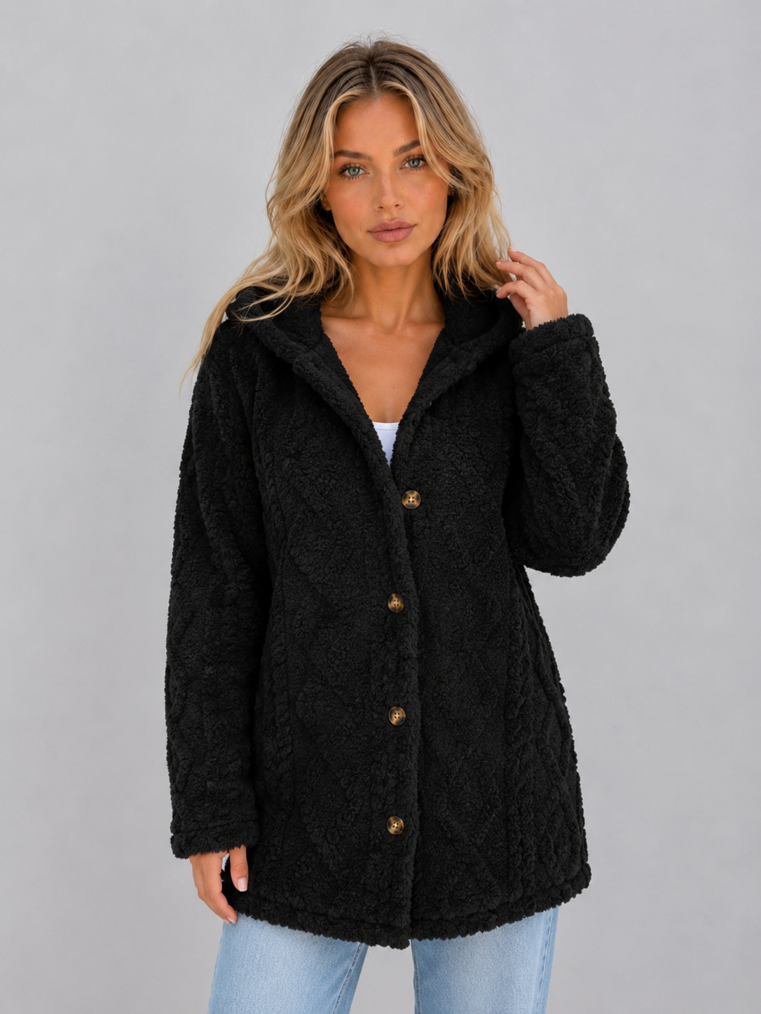 Amélie - Gilet Femme Long en Maille Torsadée avec Capuche et Boutons