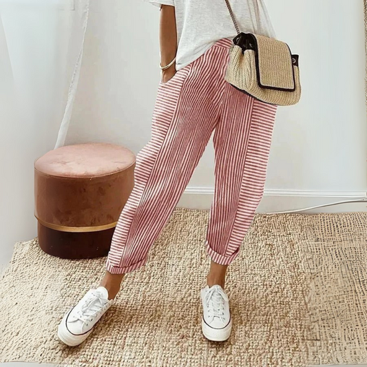 Amélie - Pantalon en Lin Femme Casual à Rayures et Chevilles Resserrées Tendance