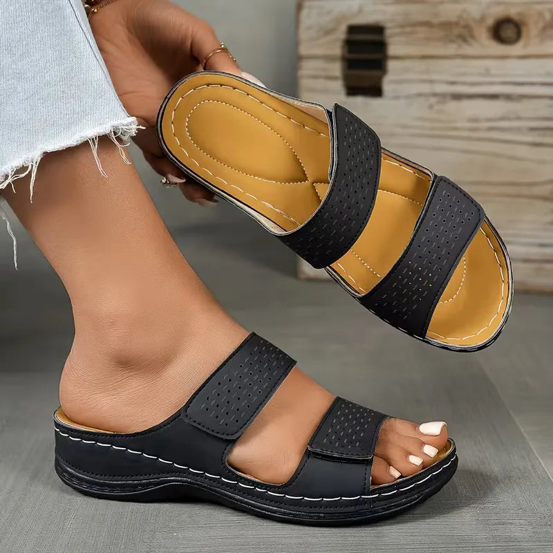 Amélie - Sandales Orthopédiques Femme Classiques à Double Bride Ajourée et Semelle Compensée
