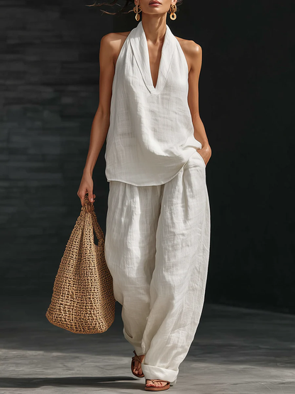 Anaïs - Ensemble en Lin Élégant Femme avec Top Halter Col en V et Pantalon Large Ample
