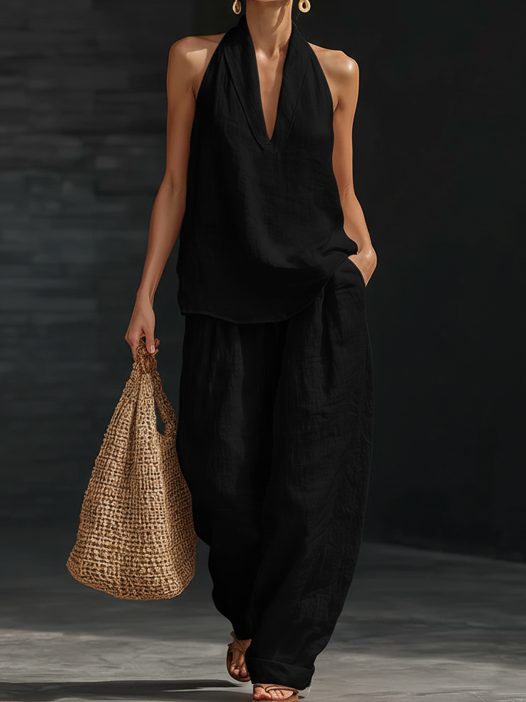 Anaïs - Ensemble en Lin Élégant Femme avec Top Halter Col en V et Pantalon Large Ample