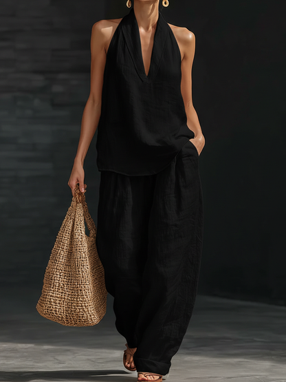 Anaïs - Ensemble en Lin Élégant Femme avec Top Halter Col en V et Pantalon Large Ample