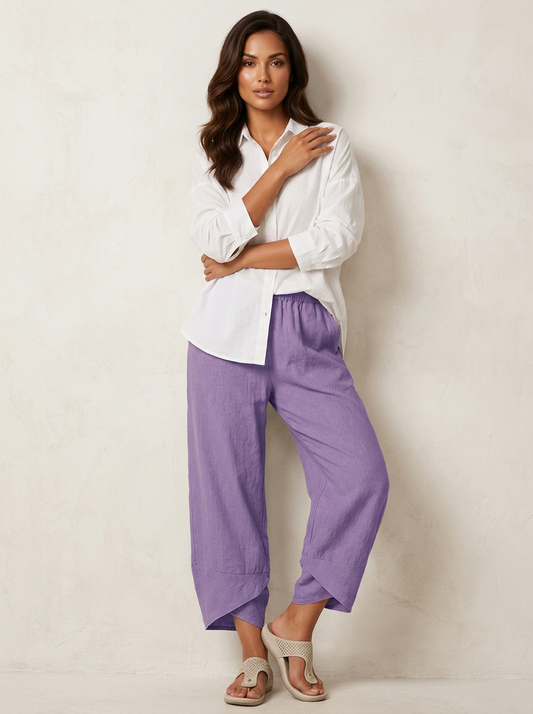 Anaïs - Pantalon en Lin Femme Décontracté avec Coupe Large et Taille Élastiquée