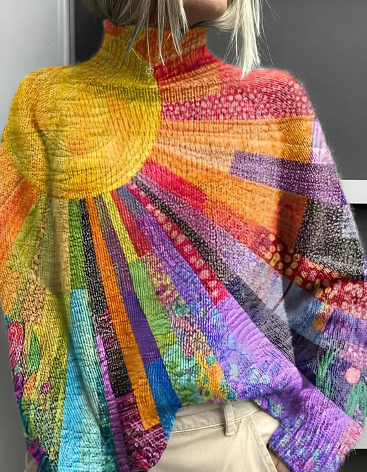 Anaïs - Pull Femme Col Roulé Oversize en Maille avec Motif Rayonnant
