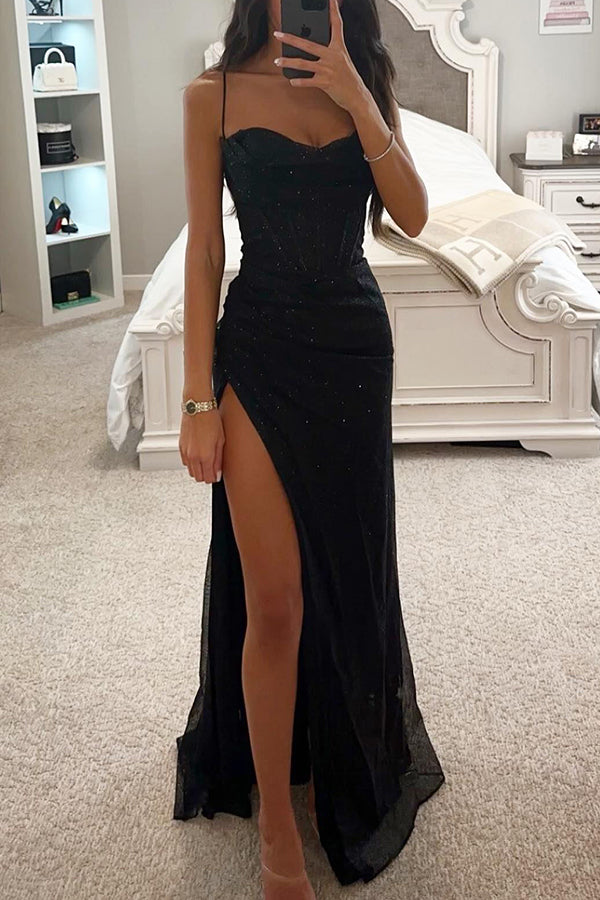 Nina - Robe de soirée femme longue à paillettes avec bustier corset et fente