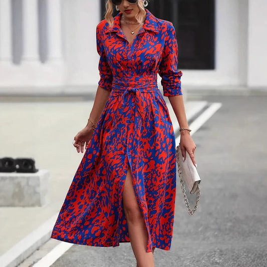 Anaïs - Robe Longue Chic Femme avec Ceinture et Col Chemise Imprimé