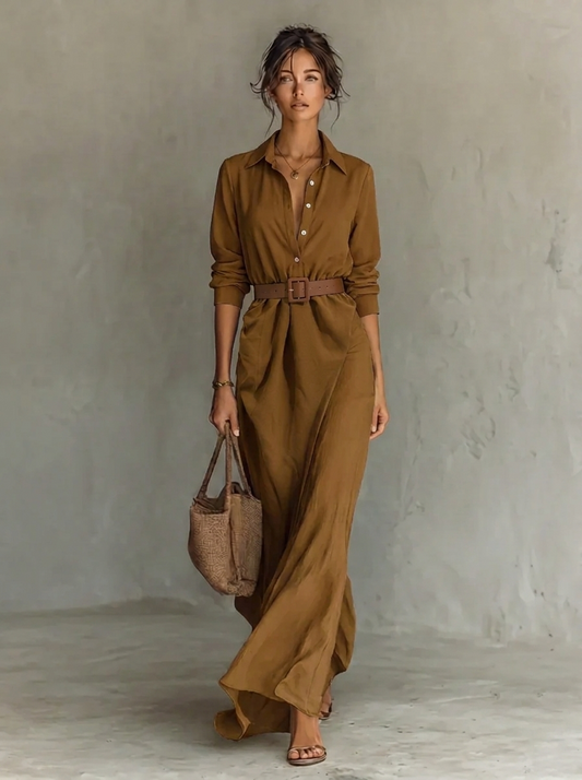 Anaïs - Robe Maxi Femme en Velours Côtelé Style avec Ceinture à Nouer