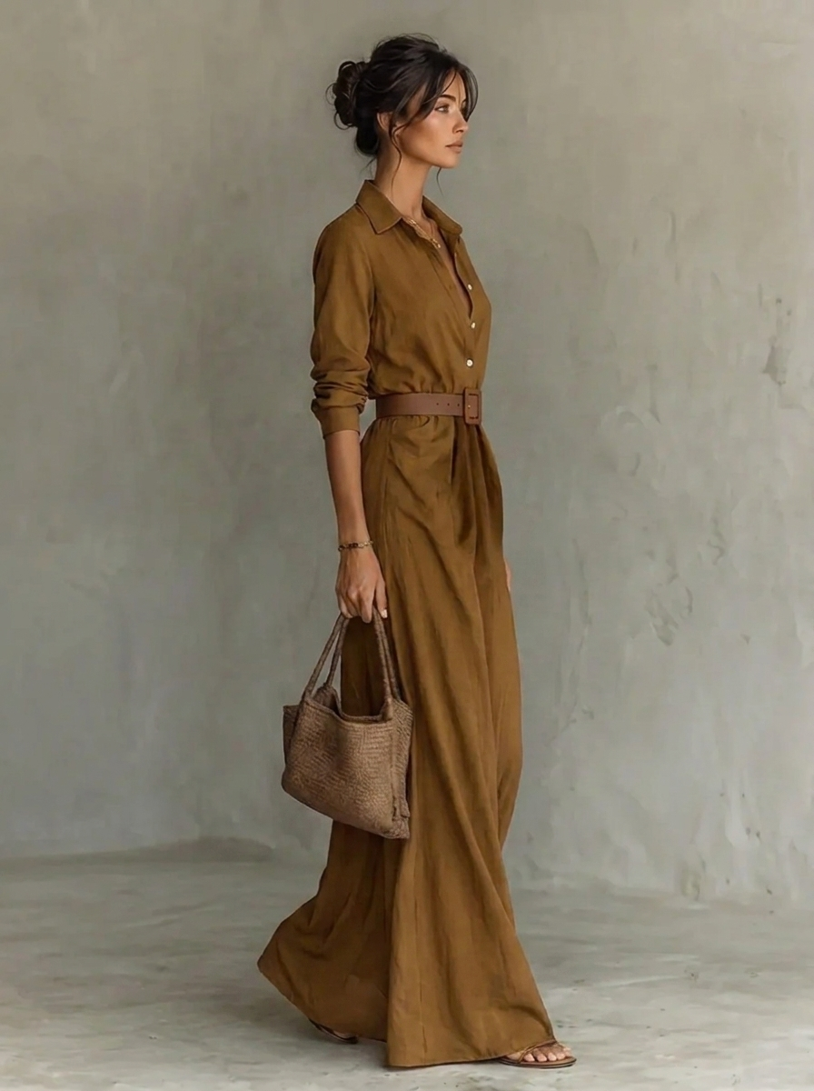 Anaïs - Robe Maxi Femme en Velours Côtelé Style avec Ceinture à Nouer