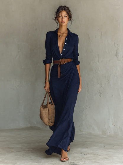 Anaïs - Robe Maxi Femme en Velours Côtelé Style avec Ceinture à Nouer