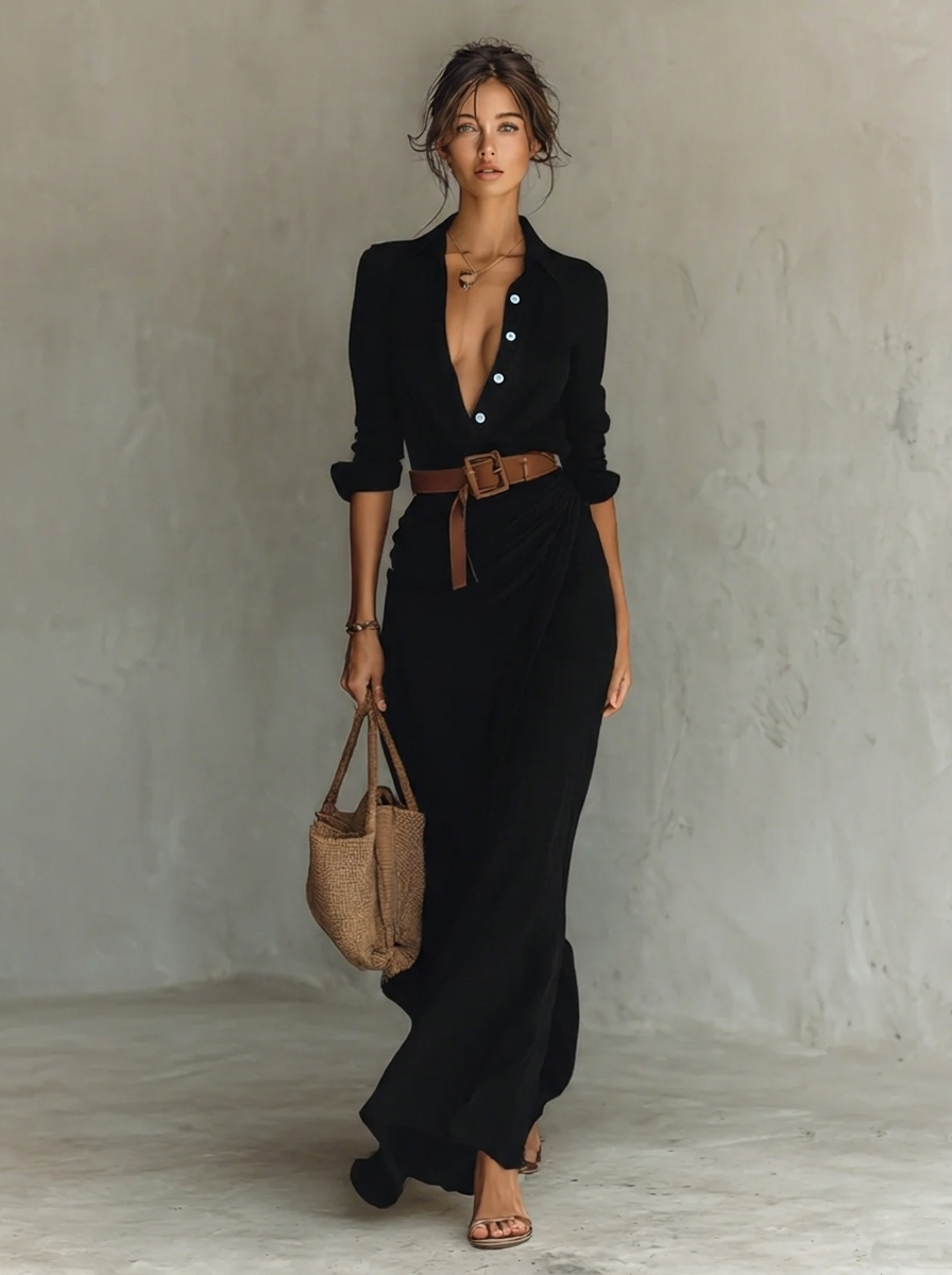 Anaïs - Robe Maxi Femme en Velours Côtelé Style avec Ceinture à Nouer