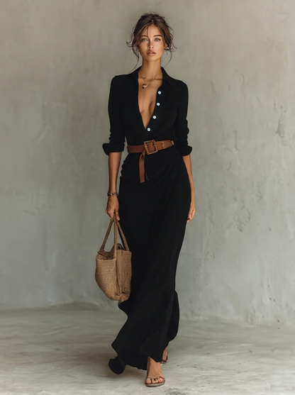 Anaïs - Robe Maxi Femme en Velours Côtelé Style avec Ceinture à Nouer