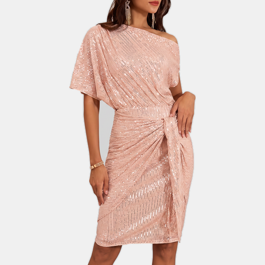 Anaïs - Robe de soirée femme midi à paillettes drapée avec épaule asymétrique