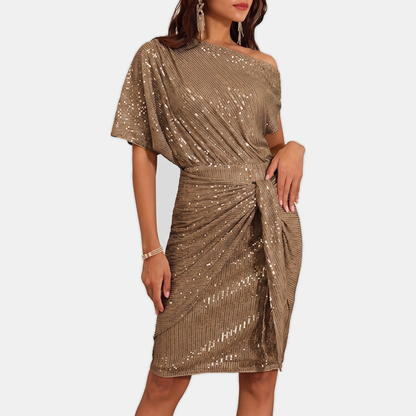 Anaïs - Robe de soirée femme midi à paillettes drapée avec épaule asymétrique