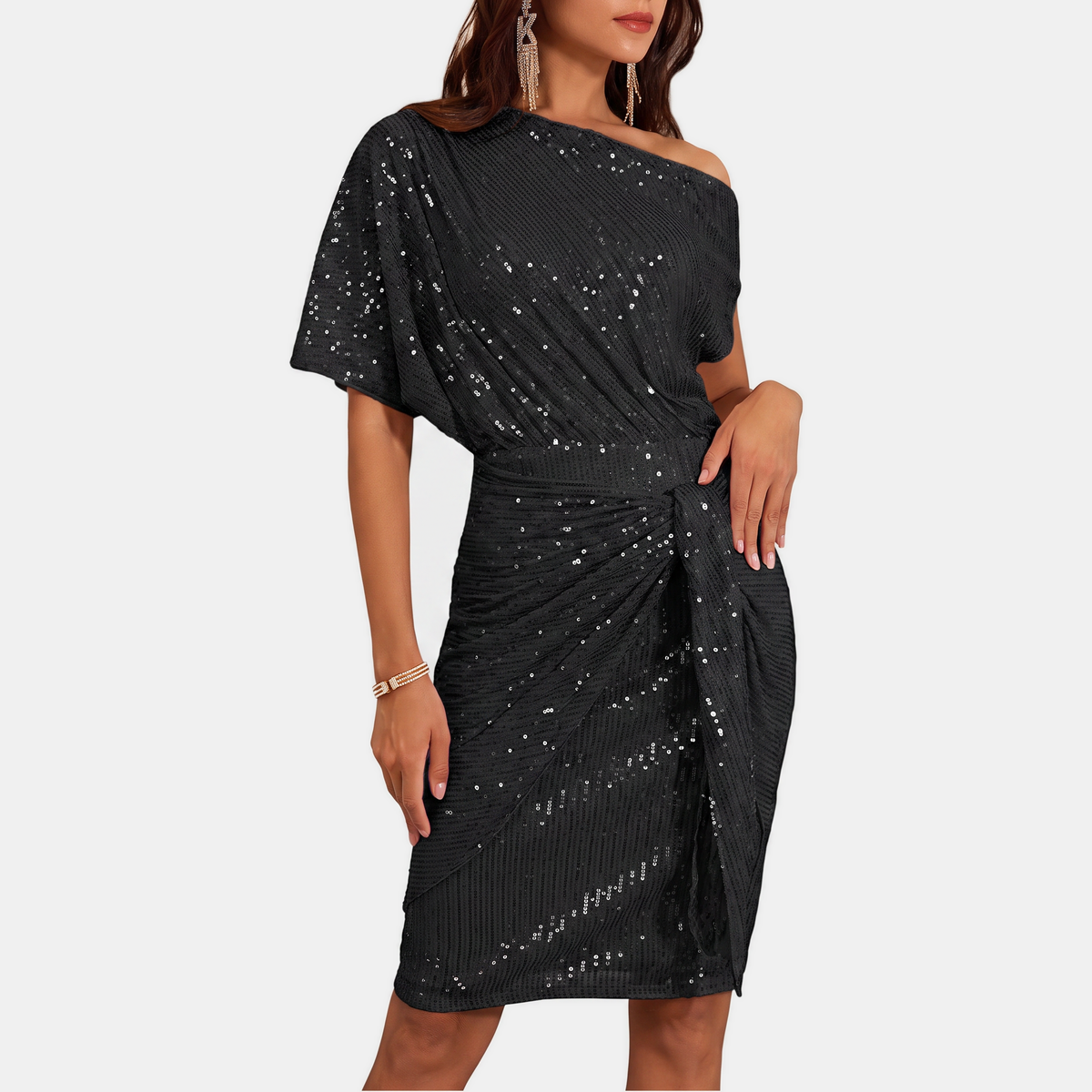 Anaïs - Robe de soirée femme midi à paillettes drapée avec épaule asymétrique