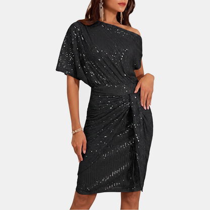 Anaïs - Robe de soirée femme midi à paillettes drapée avec épaule asymétrique