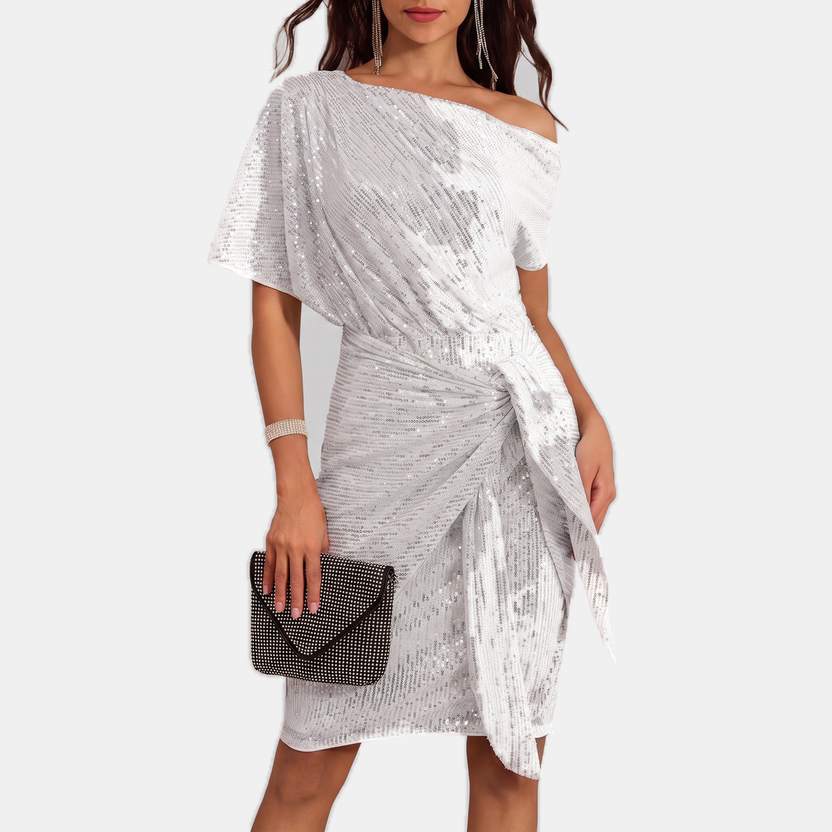 Anaïs - Robe de soirée femme midi à paillettes drapée avec épaule asymétrique