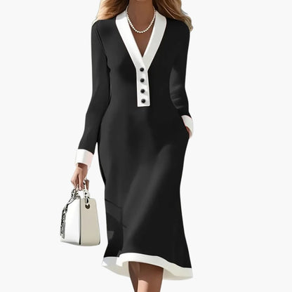 Anaïs - Robe femme midi cintrée et évasée chic à manches longues