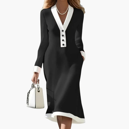 Anaïs - Robe femme midi cintrée et évasée chic à manches longues