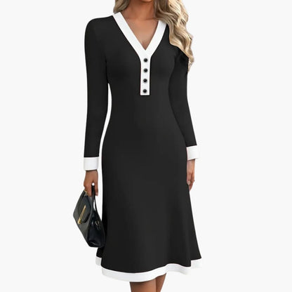 Anaïs - Robe femme midi cintrée et évasée chic à manches longues
