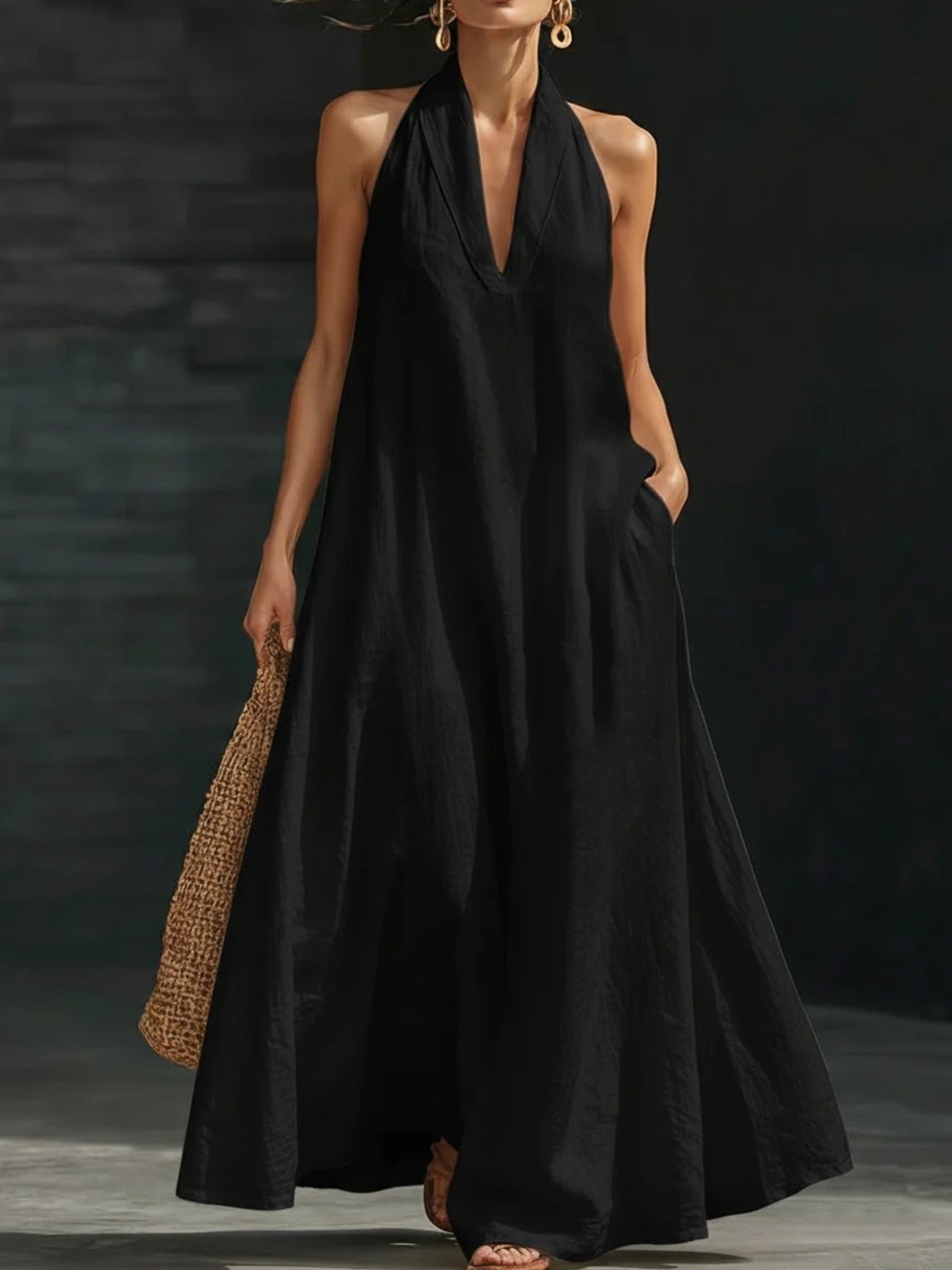 Aurélie - Robe Longue en Lin Femme Glamour avec Col Halter et Jupe Ample