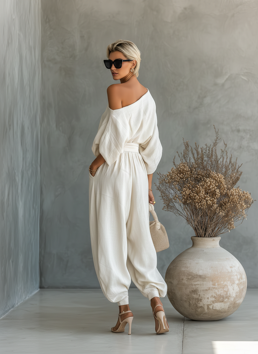 Céline - Ensemble 2 Pièces en Lin Femme Oversize avec Épaule Dénudée
