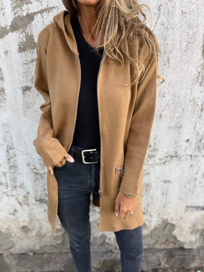 Céline - Gilet Femme Long Zippé pour l'Automne avec Capuche