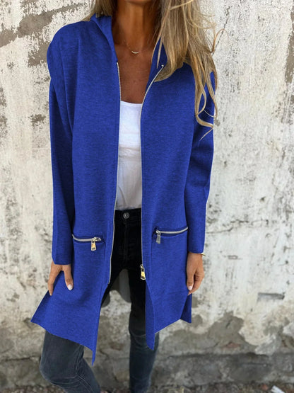 Céline - Gilet Femme Long Zippé pour l'Automne avec Capuche
