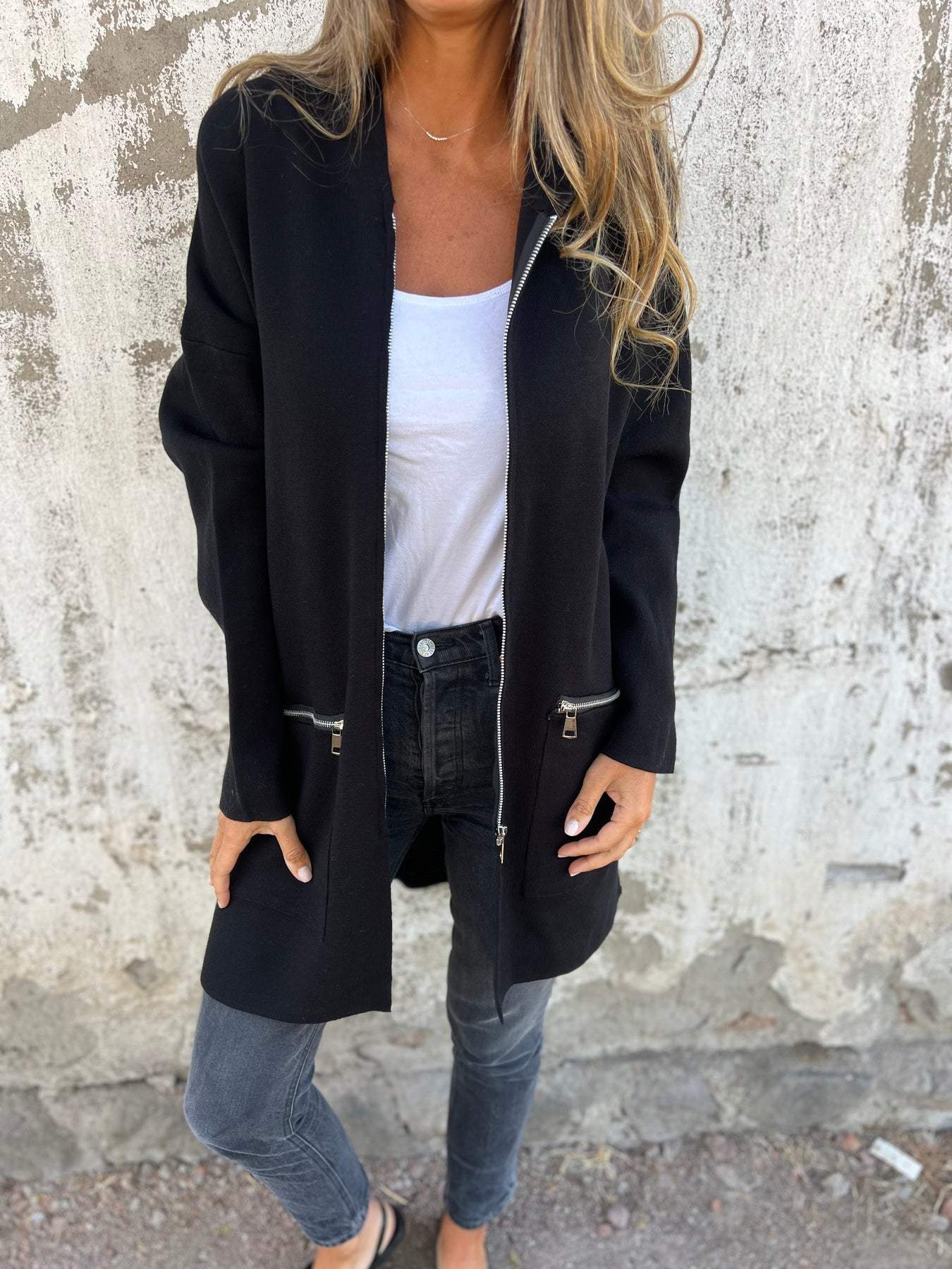 Céline - Gilet Femme Long Zippé pour l'Automne avec Capuche