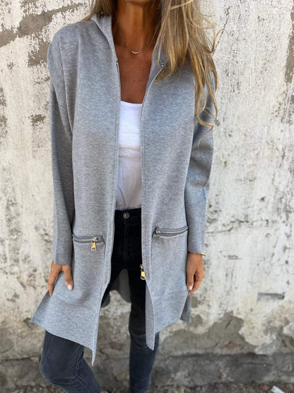 Céline - Gilet Femme Long Zippé pour l'Automne avec Capuche