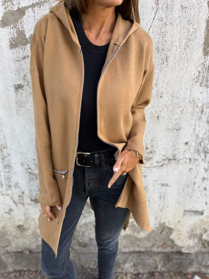 Céline - Gilet Femme Long Zippé pour l'Automne avec Capuche