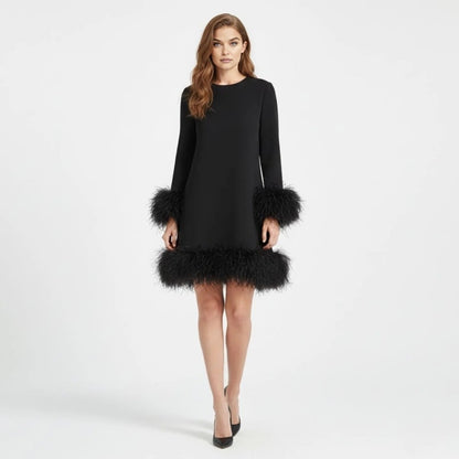 Céline - Robe Femme de Soirée à Manches Longues avec Détails Plumes