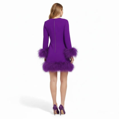 Céline - Robe Femme de Soirée à Manches Longues avec Détails Plumes