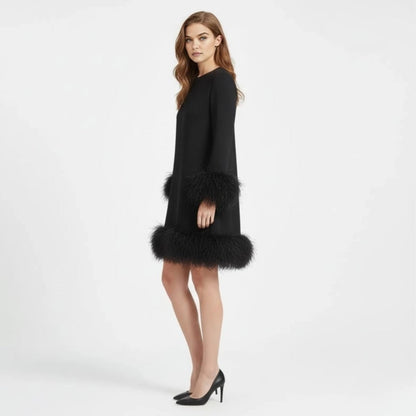 Céline - Robe Femme de Soirée à Manches Longues avec Détails Plumes