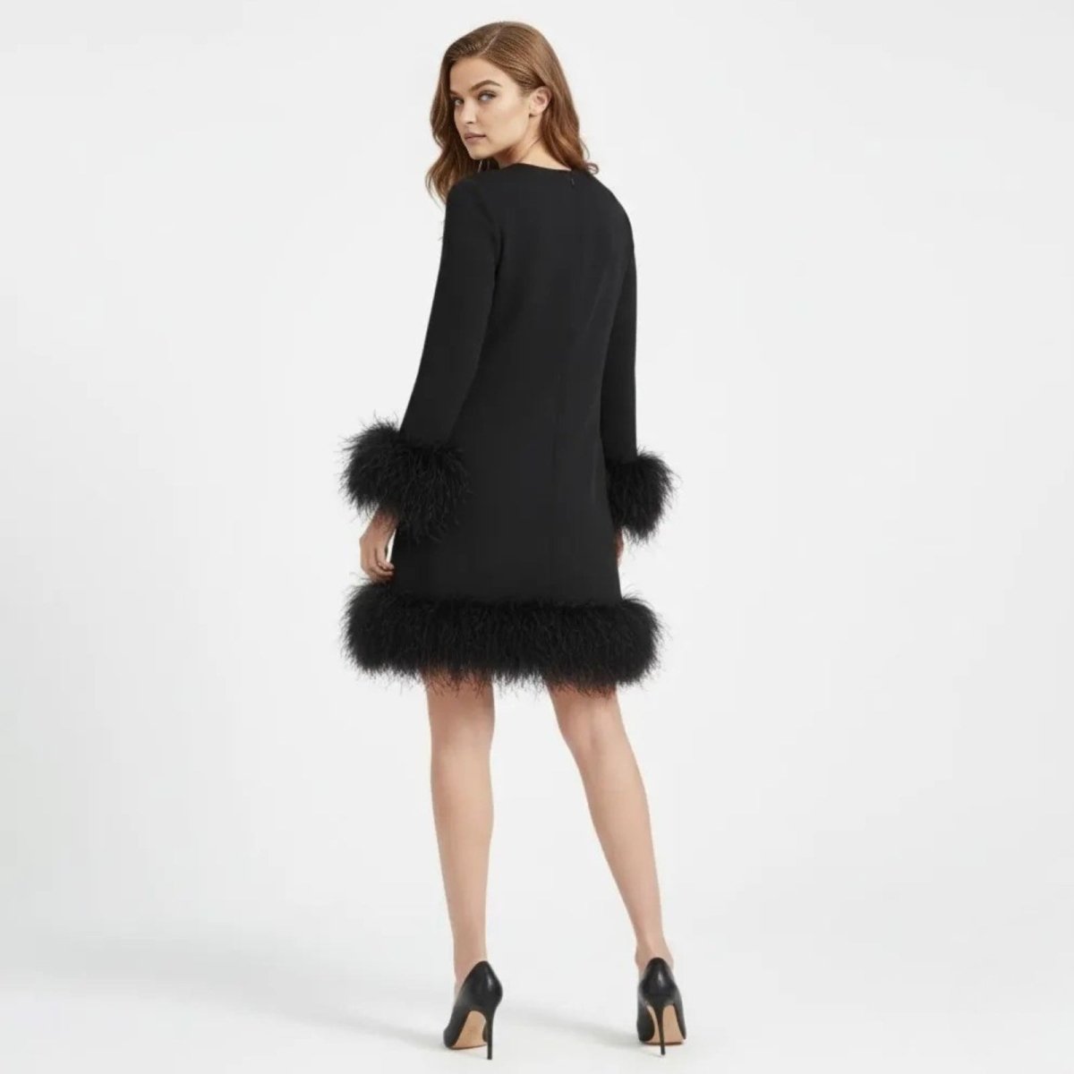 Céline - Robe Femme de Soirée à Manches Longues avec Détails Plumes