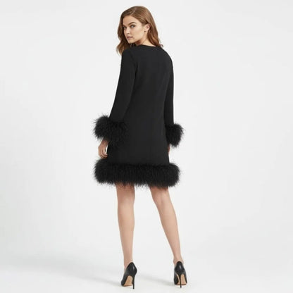 Céline - Robe Femme de Soirée à Manches Longues avec Détails Plumes