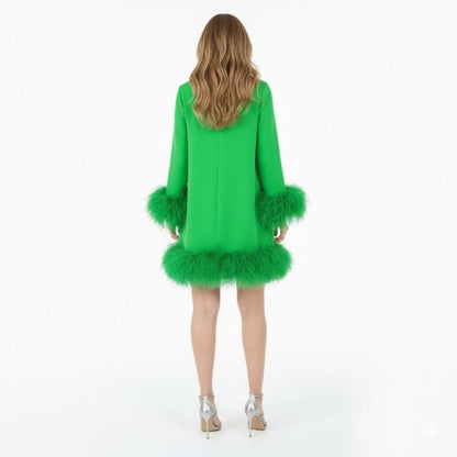 Céline - Robe Femme de Soirée à Manches Longues avec Détails Plumes