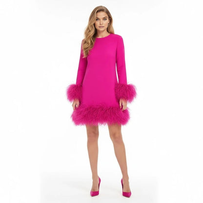 Céline - Robe Femme de Soirée à Manches Longues avec Détails Plumes