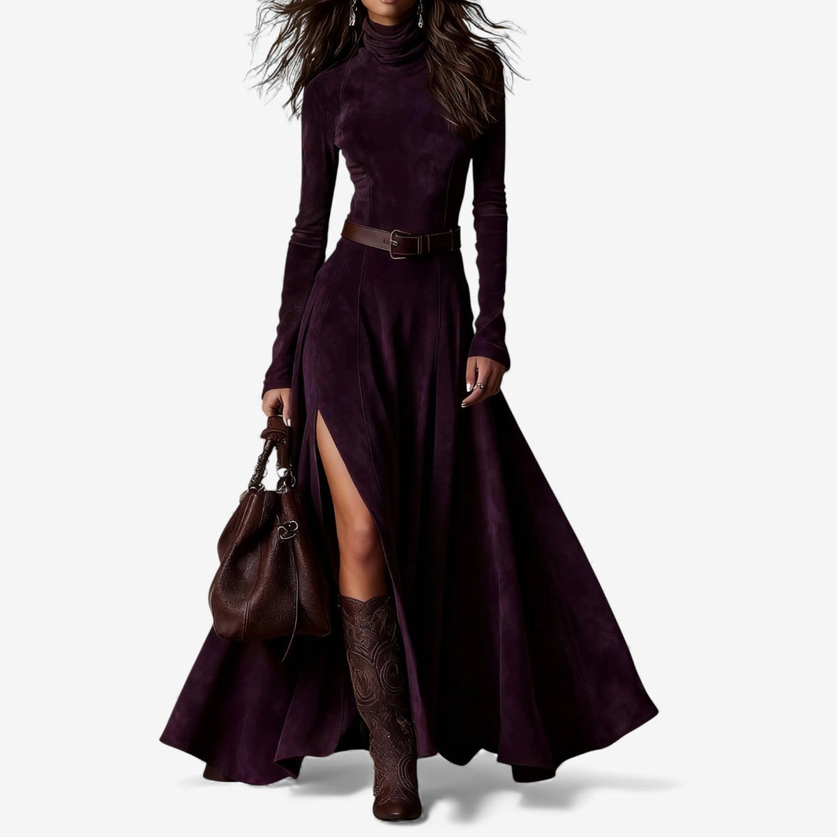 Alice - Robe longue femme col roulé et évasée à manches longues