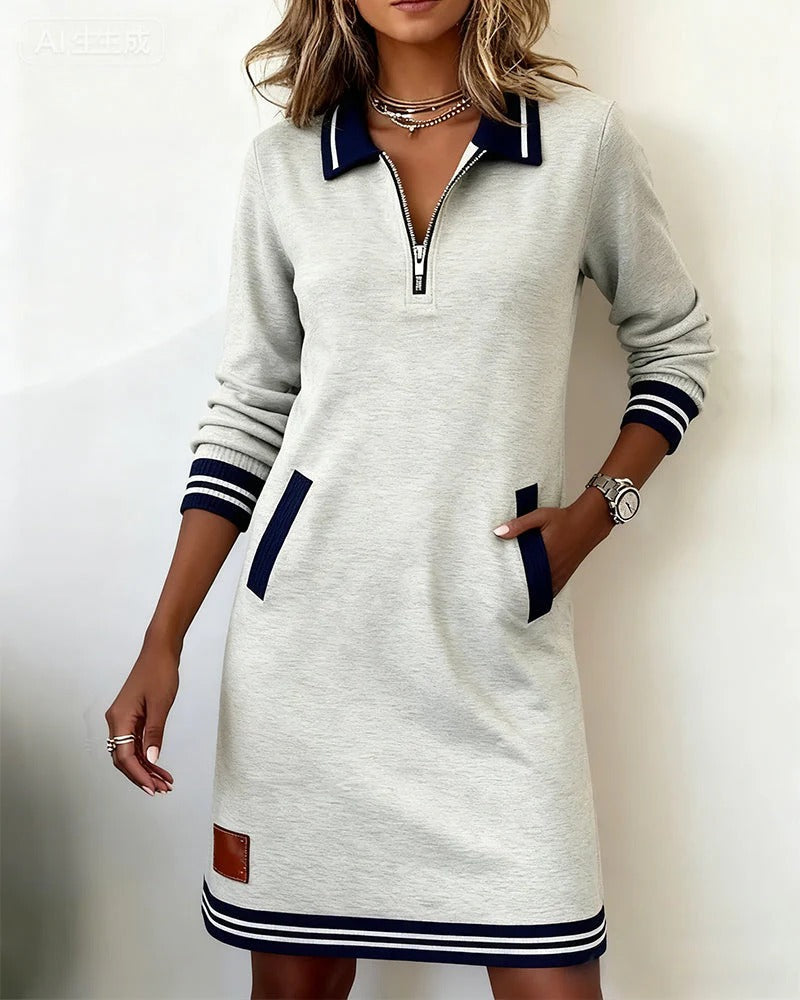 Léa - Robe pull femme courte et droite à manches longues et col zippé
