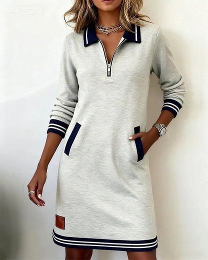 Léa - Robe pull femme courte et droite à manches longues et col zippé