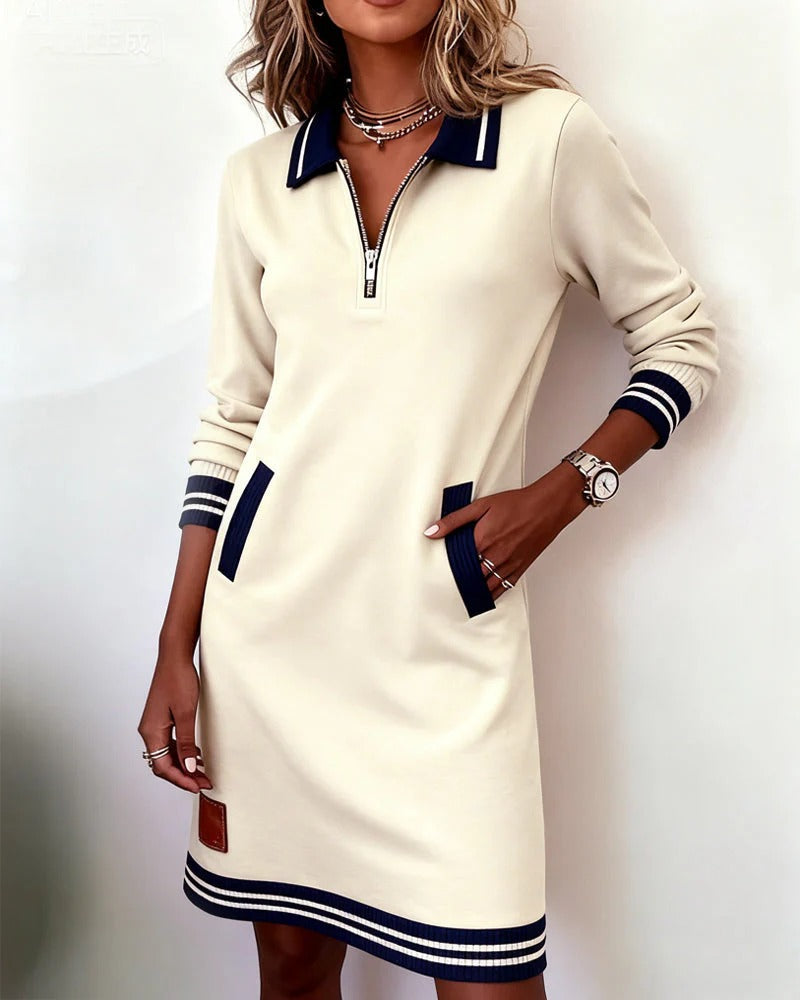 Léa - Robe pull femme courte et droite à manches longues et col zippé