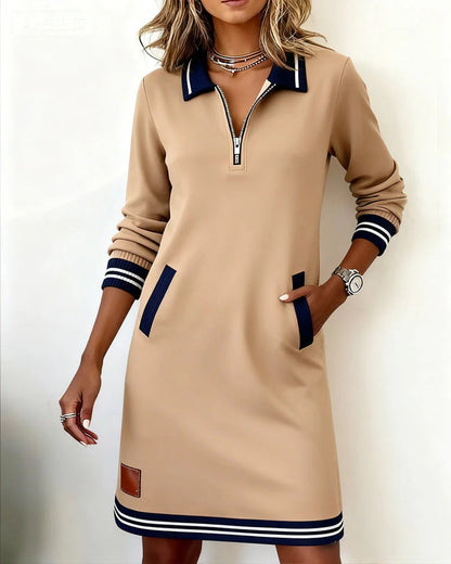 Léa - Robe pull femme courte et droite à manches longues et col zippé