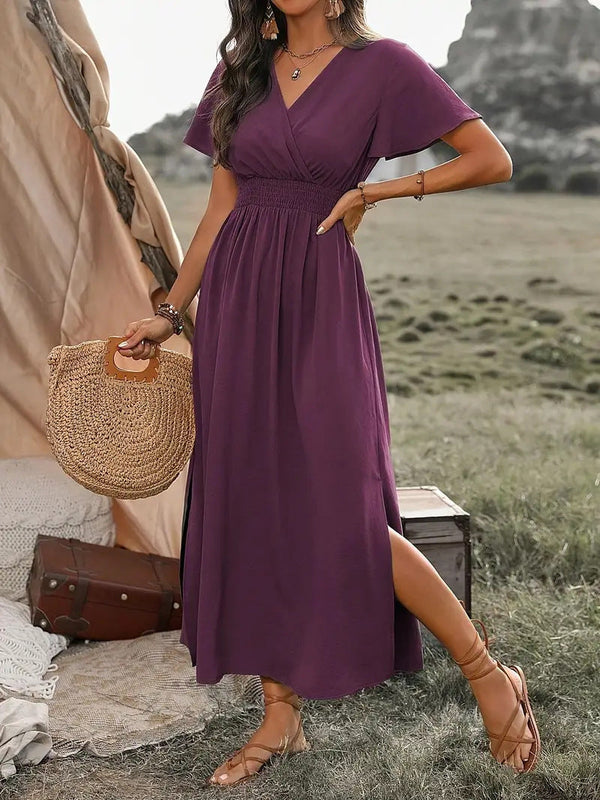 Céline - Robe d'Été Bohème Femme à Col V Croisé avec Taille Smockée et Manches Papillon