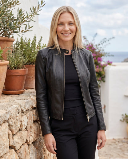 Céline - Veste Femme en Cuir Style pour l'Automne avec Col Zippé