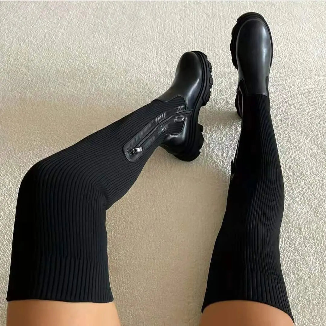 Camille - Bottes femme hautes en maille chaudes et plates