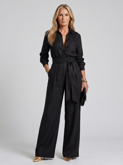 Camille - Combinaison Large en Lin Femme Chic avec Ceinture Nouée et Poches
