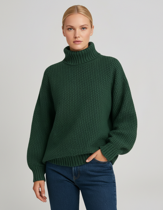 Camille - Pull femme col roulé oversize en grosse maille côtelée et chaud