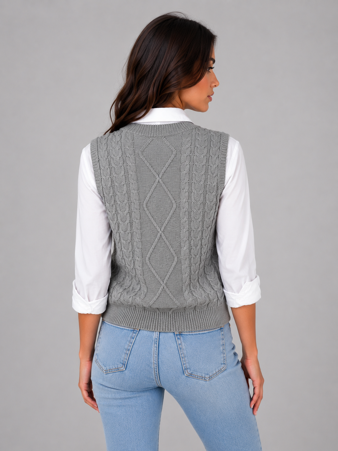 Camille - Pull femme sans manches en maille torsadée avec col v et chaud