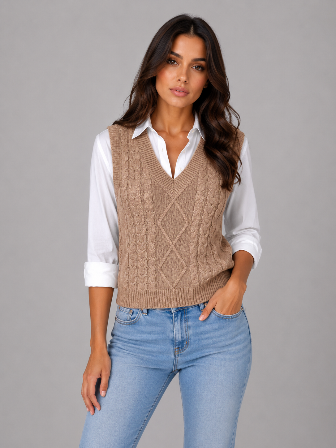 Camille - Pull femme sans manches en maille torsadée avec col v et chaud