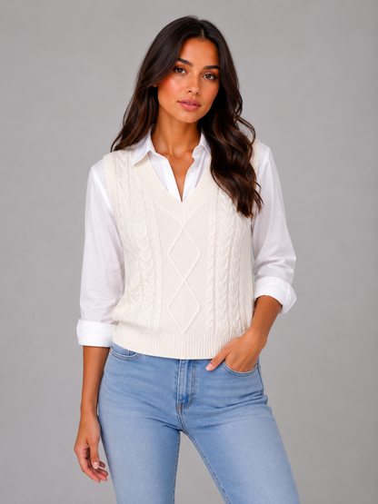 Camille - Pull femme sans manches en maille torsadée avec col v et chaud